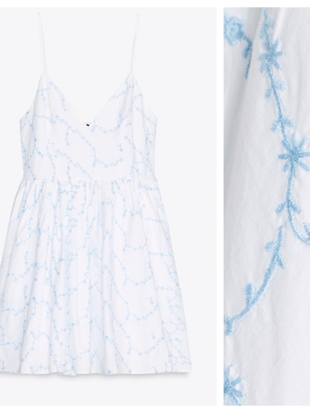 NWT. Zara White/Blue Embroidered Floral Print Mini Dress. Size S. - Picture 6 of 14
